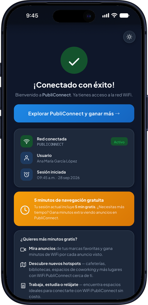 Portal PubliConnect: pantalla «¡Conectado con éxito!»