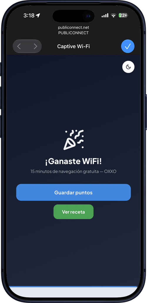 Pantalla «¡Ganaste WiFi!»: 15 minutos de navegación gratuita