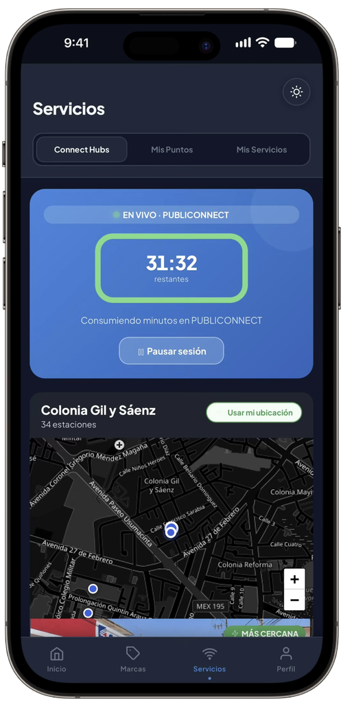 Connect Hubs: tiempo restante en vivo y mapa de estaciones