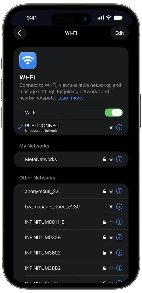 Red PUBLICONNECT en la lista de redes WiFi
